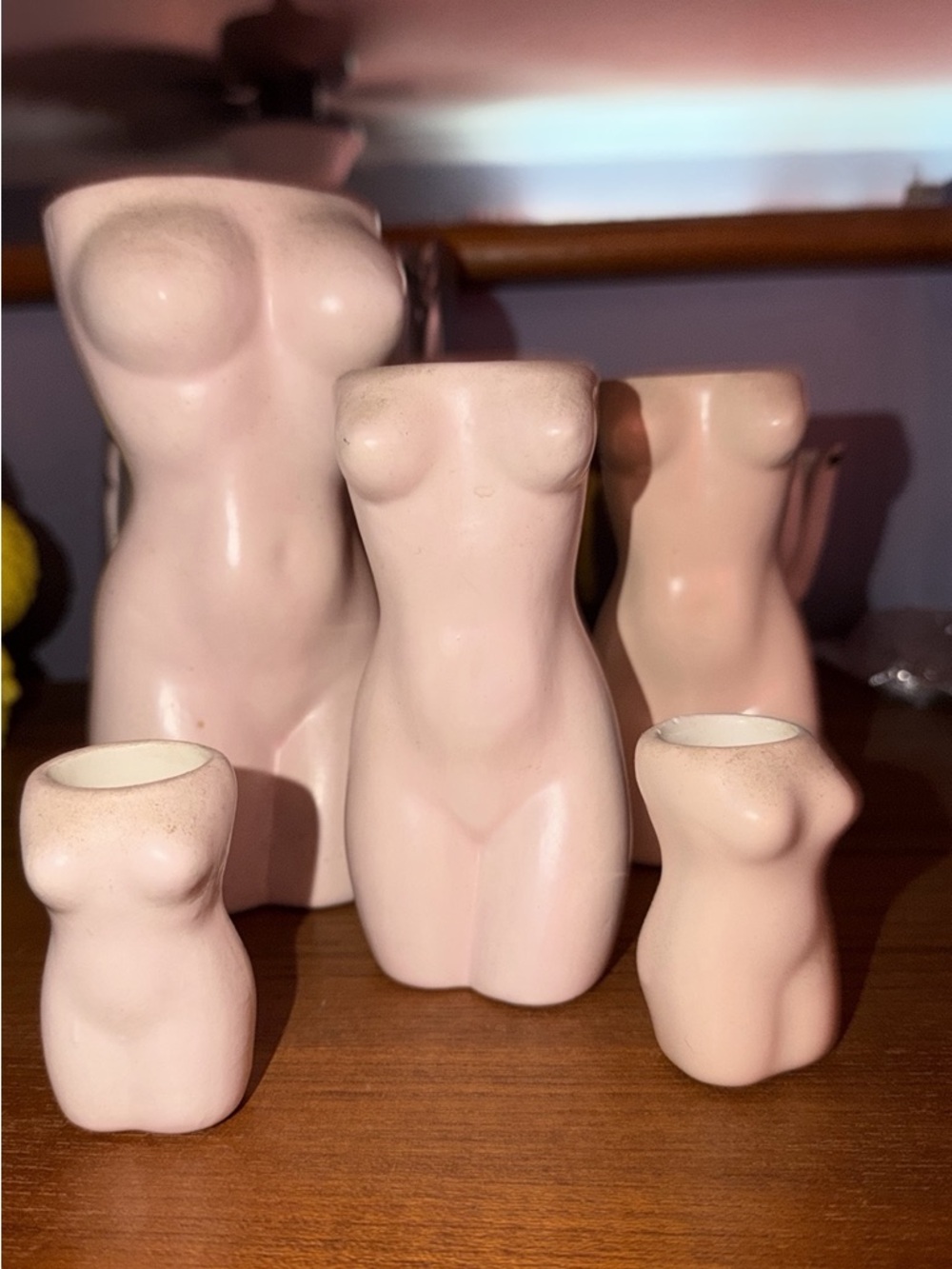 Set of 5 Pink Ceramic Torso Vases and Bud Vessels vintage